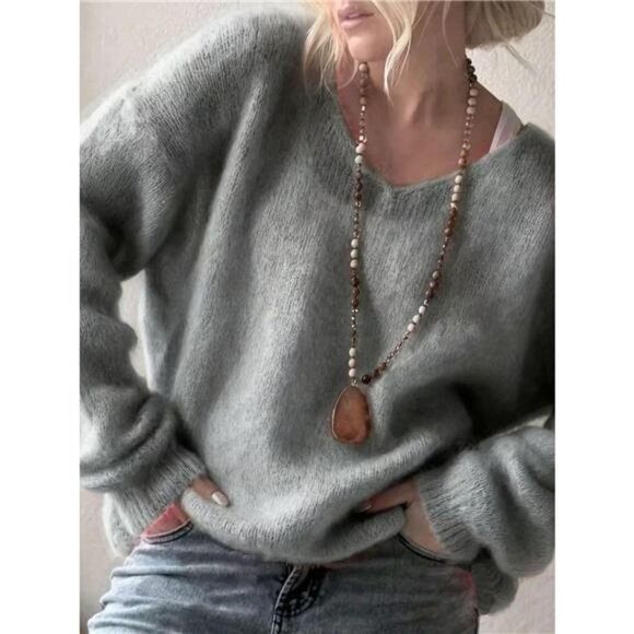 V-Neck Dropped Shoulder Sweater - Picture 9 of 16